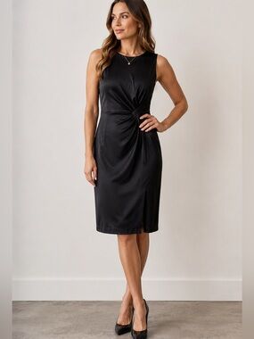 MEG Black Sleeveless Ruched Midi Dress Slit Hem Minimalist Cocktail Career M